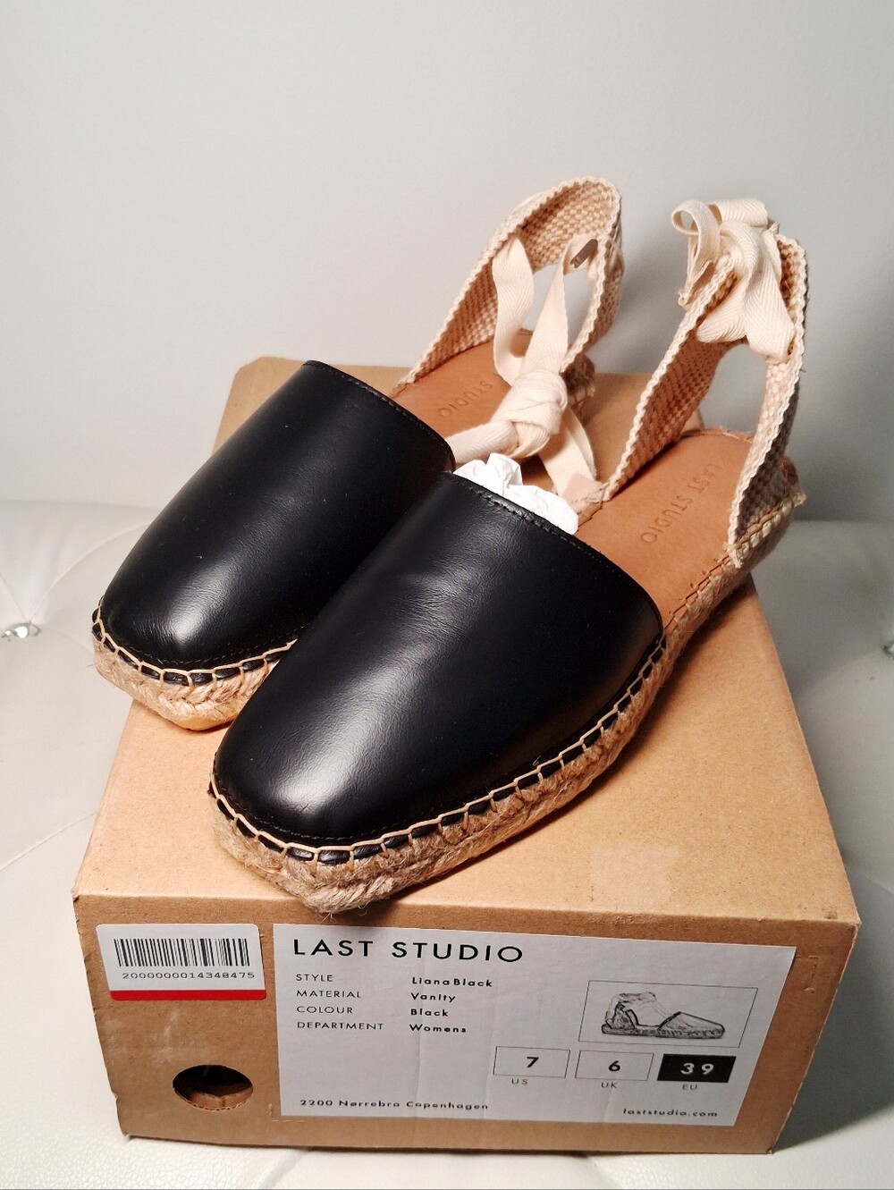 Last Studio Liana leather espadrille black cream ribbon ankle tie EU 39 US 9 NWT